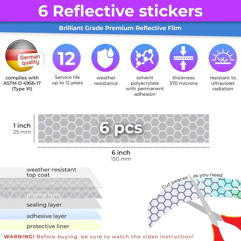 Loom Reflective Stickers for Helmet | 6pcs Brilliant Gray | Similar to 3M Reflective Tape | Bike Reflectors for Night Riding, Mailbox reflectors | Waterproof hi vis Decals for Car, Trailer - Image 3